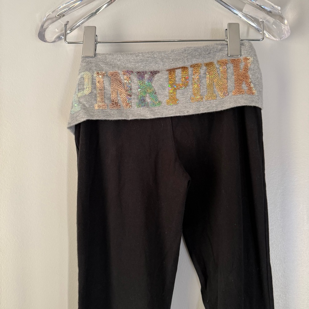 VS PINK Y2K bling foldover flare yoga leggings black grey sequin waistband Small - Picture 8 of 14